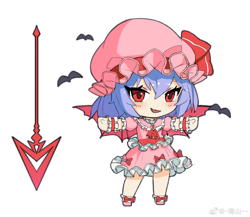 1girl a562209790 ascot bat_(animal) bat_wings brooch chibi chinese_commentary commentary_request fang frilled_shirt frilled_shirt_collar frilled_skirt frilled_sleeves frills full_body hair_between_eyes hat hat_ribbon highres jewelry looking_at_viewer mob_cap open_mouth pink_footwear pink_headwear pink_shirt pink_skirt pink_wings puffy_short_sleeves puffy_sleeves purple_hair red_ascot red_brooch red_eyes red_ribbon remilia_scarlet ribbon shirt short_hair short_sleeves simple_background skin_fang skirt skirt_set socks solo spear_the_gungnir touhou weibo_logo white_background white_socks wings wrist_cuffs