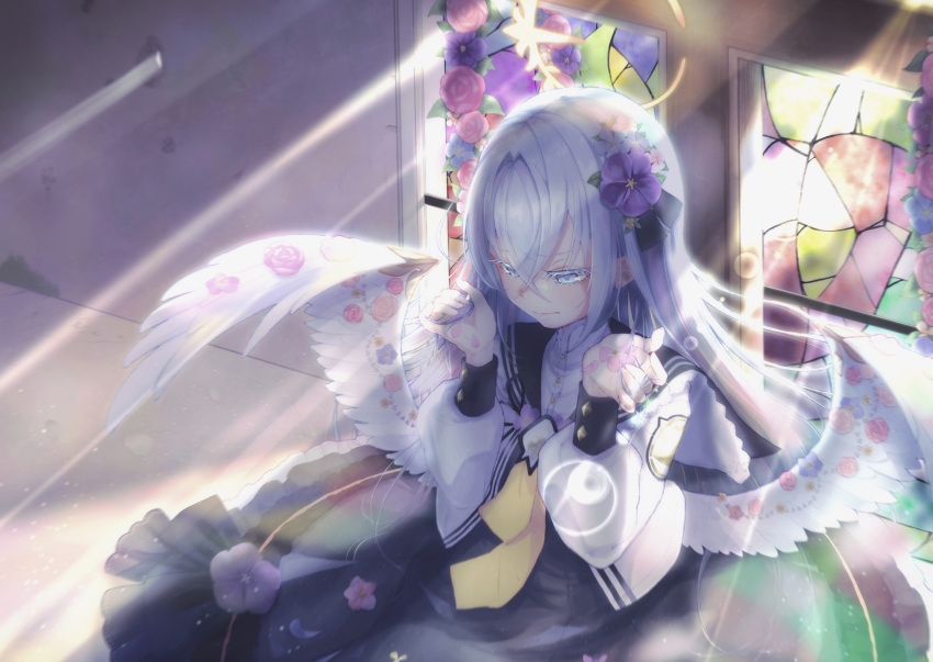 1girl absurdres azusa_(blue_archive) bangs blue_archive flower gun hair_between_eyes hair_flower hair_ornament halo highres long_hair long_sleeves sad school_uniform shi0n_krbn skirt solo violet_eyes weapon window wings