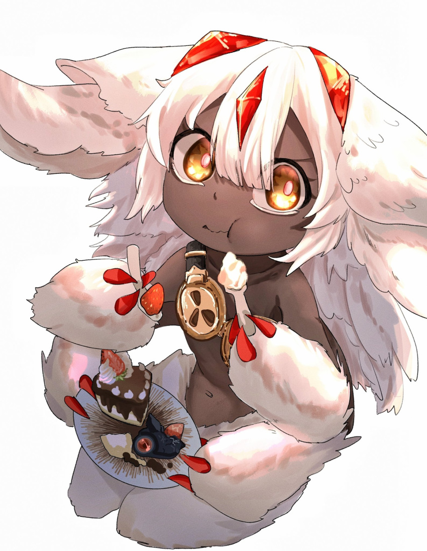 1girl chewing claws dark-skinned_female dark_skin extra_arms faputa fewer_digits food hair_between_eyes highres holding holding_food looking_at_viewer made_in_abyss monster_girl naki1551 plate simple_background solo teeth white_background white_fur white_hair yellow_eyes