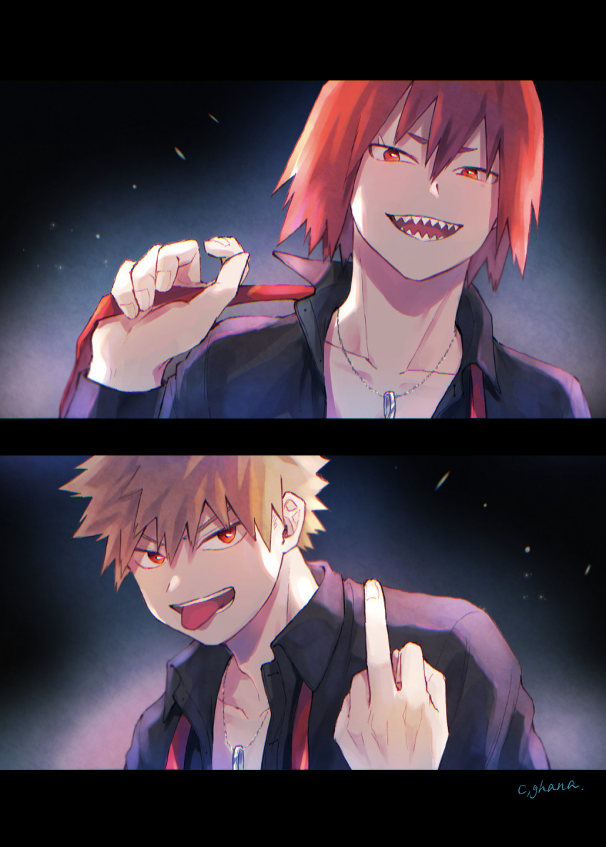 2boys adcalcium bakugou_katsuki black_background black_shirt blonde_hair boku_no_hero_academia collared_shirt commentary_request highres holding_necktie jewelry kirishima_eijirou long_sleeves looking_at_viewer male_focus middle_finger multiple_boys necklace open_clothes open_mouth open_shirt red_eyes redhead sharp_teeth shirt short_hair signature spiky_hair teeth tongue tongue_out undone_necktie