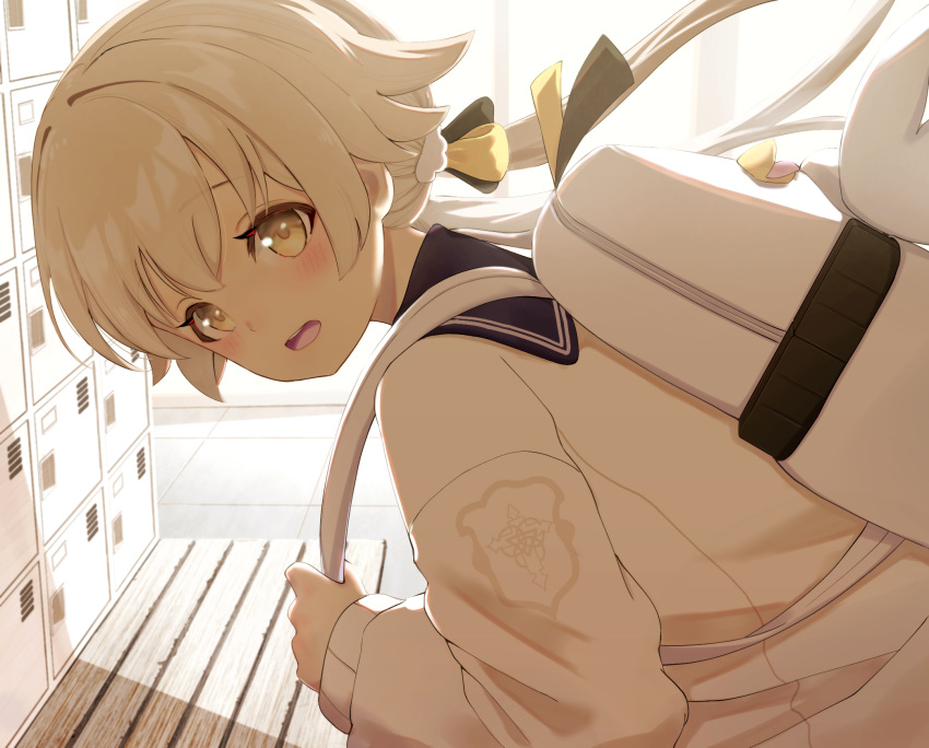 1girl backpack bag bananafish1111 bangs blue_archive blue_sailor_collar cardigan hair_flaps hifumi_(blue_archive) highres indoors light_brown_hair locker locker_room looking_at_viewer low_twintails open_mouth sailor_collar school_uniform twintails uniform white_bag white_cardigan yellow_eyes