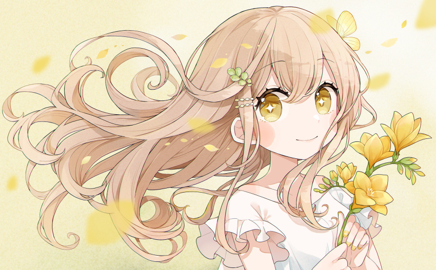 +_+ 1girl bangs blush_stickers brown_background brown_eyes brown_hair chon_(chon33v) closed_mouth collarbone commentary_request floating_hair flower freesia_(flower) hair_between_eyes hands_up highres holding holding_flower long_hair looking_at_viewer nail_polish original petals shirt short_sleeves smile solo upper_body white_shirt yellow_nails