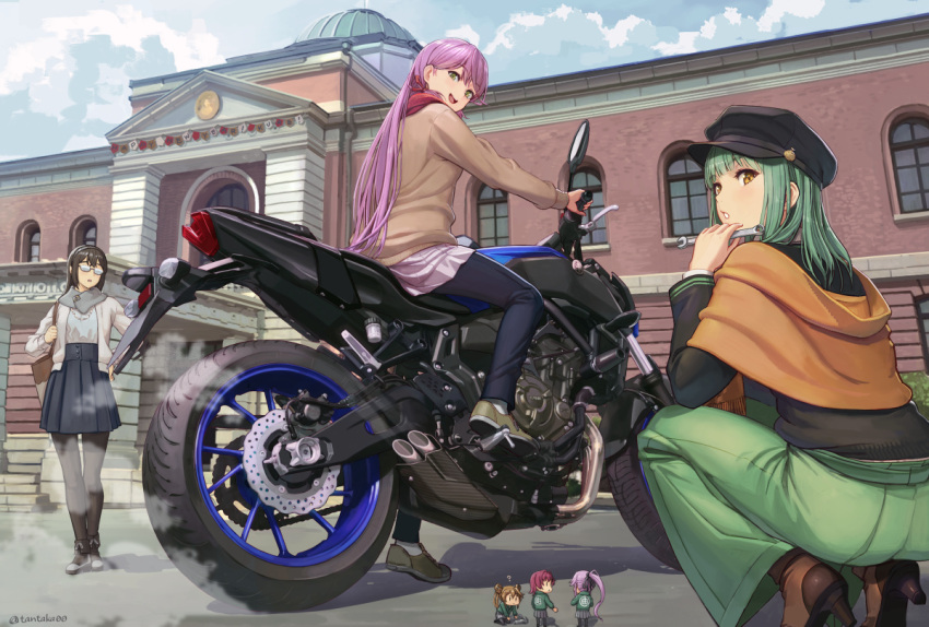 5girls akashi_(kancolle) alternate_costume black_hair black_headwear black_pants black_pantyhose black_shirt black_skirt brown_footwear brown_jacket fairy_(kancolle) from_side full_body glasses green_eyes green_hair green_pants grey_jacket ground_vehicle hat holding holding_wrench jacket kantai_collection long_hair long_sleeves looking_at_viewer motor_vehicle motorcycle multiple_girls ooyodo_(kancolle) open_clothes open_jacket pants pantyhose pink_hair pleated_skirt red_scarf scarf shirt shoes skirt sneakers tantaka twitter_username vehicle_focus vehicle_request wrench yellow_eyes yuubari_(kancolle)