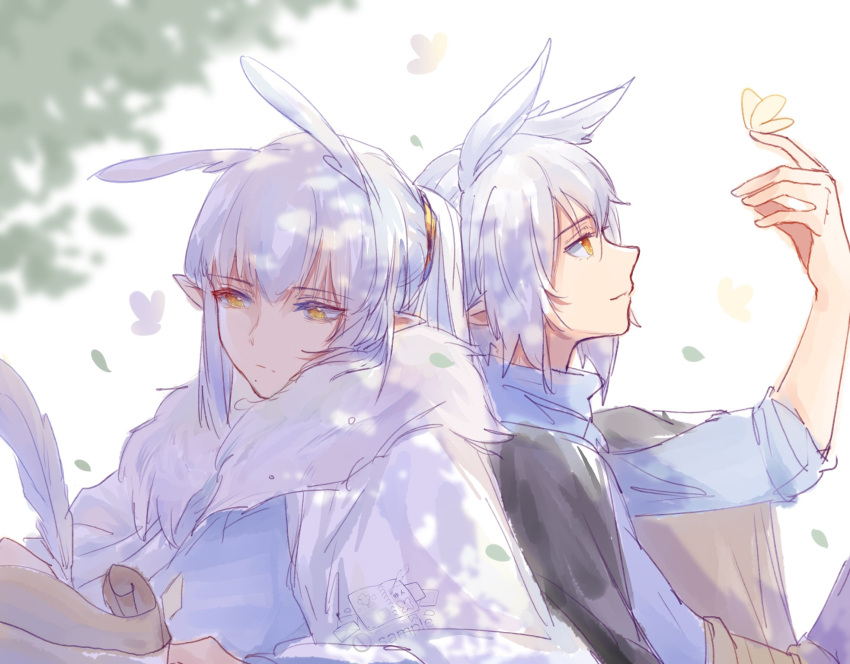 2boys back-to-back bai_xiao bishounen earrings fr001104 grey_hair highres jewelry looking_at_viewer male_focus mimizuku_(sky:_children_of_the_light) multiple_boys pointy_hair ponytail red_eyes siblings sky:_children_of_the_light twins upper_body white_hair yellow_eyes