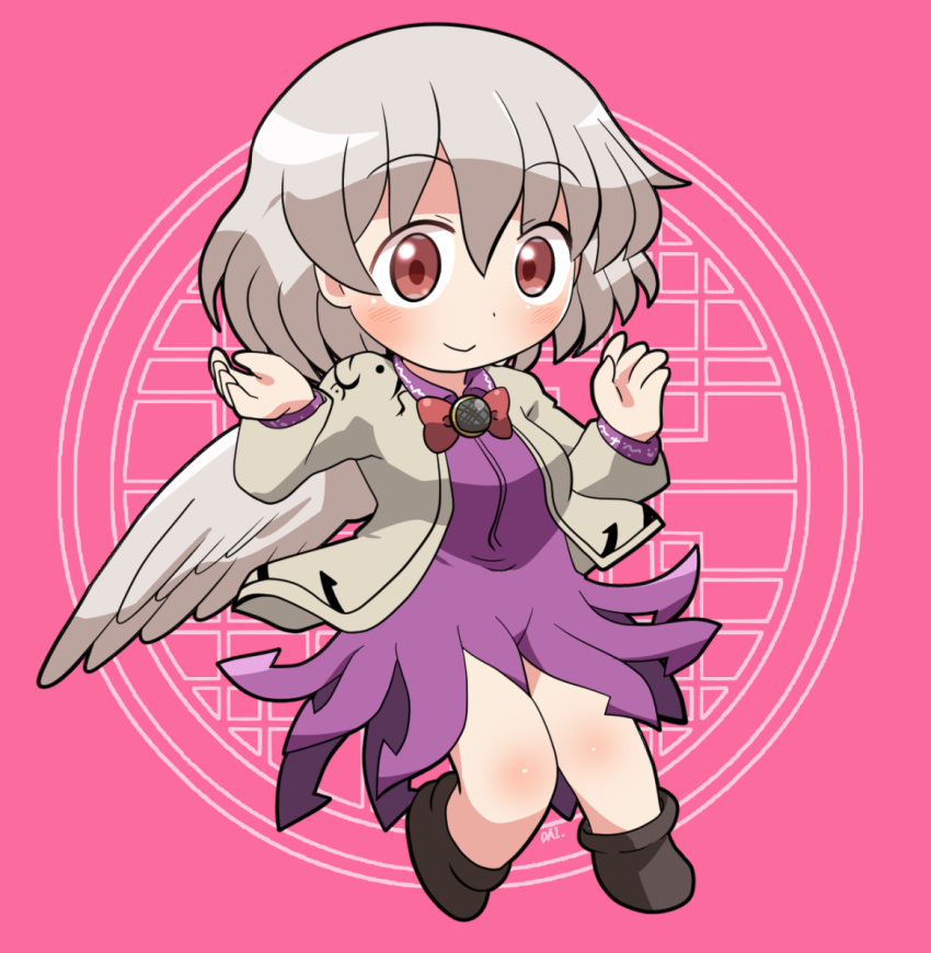 1girl black_footwear blush closed_mouth dress feathered_wings full_body grey_hair grey_jacket hair_between_eyes jacket kishin_sagume long_sleeves open_clothes open_jacket purple_dress red_eyes rokugou_daisuke shoes short_hair signature single_wing smile solo touhou white_wings wings