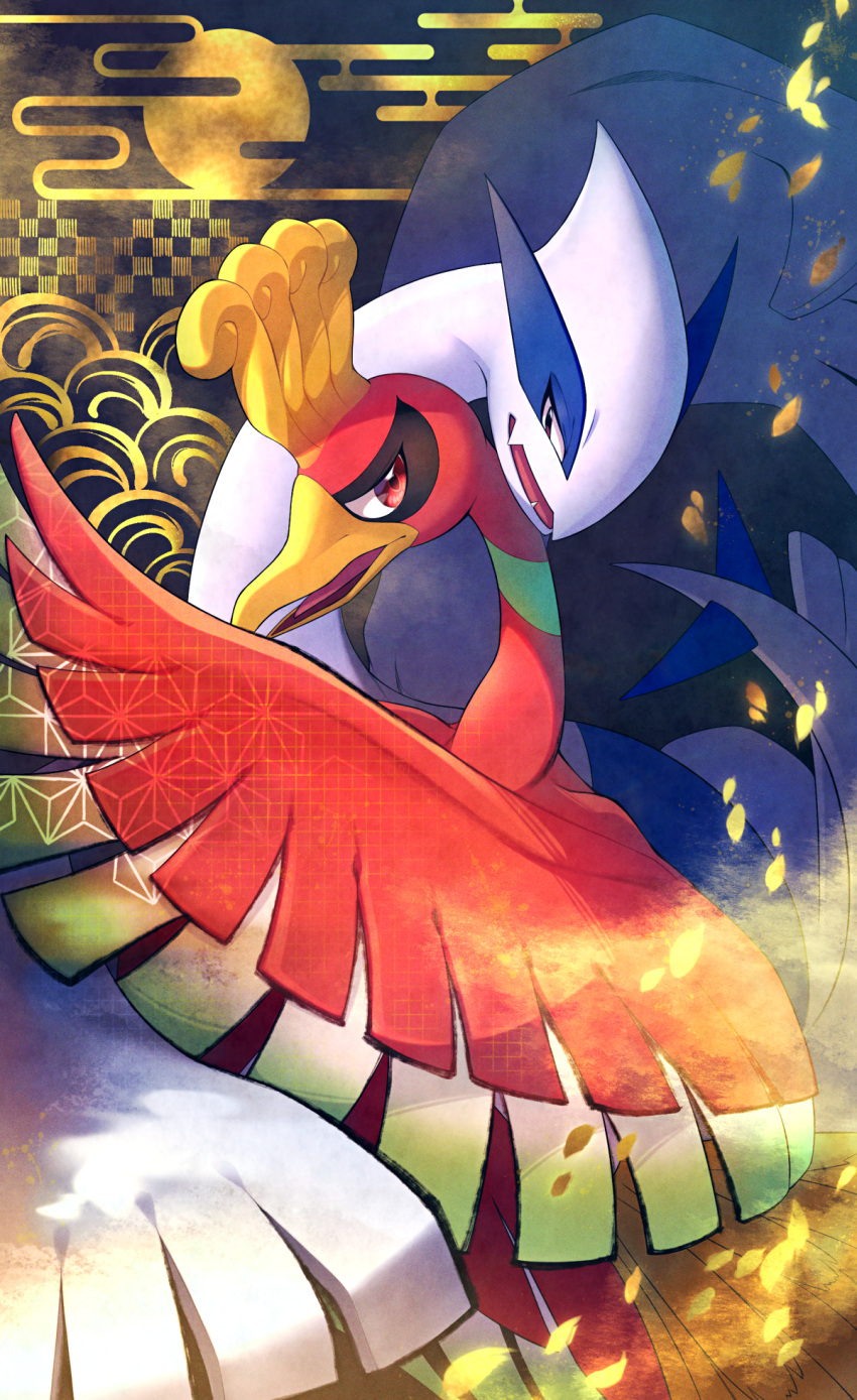 animal_focus bird commentary egasumi eye_contact fangs feathered_wings half-closed_eyes highres ho-oh hug looking_at_another lugia maki_(letusgomaki) no_humans open_mouth petals pokemon pokemon_(creature) red_eyes skin_fangs tongue violet_eyes wings