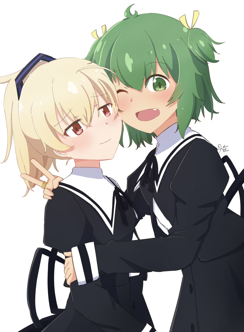 2girls ;d absurdres ahoge andou_tazusa arm_around_shoulder artist_name assault_lily bangs black_ribbon black_skirt blonde_hair blush buttons cheek-to-cheek closed_mouth commentary_request cropped_jacket fang from_side green_eyes green_hair hair_between_eyes hair_ribbon hand_on_another's_arm hand_on_another's_shoulder heads_together high-waist_skirt highres jewelry juliet_sleeves kona_kuzu long_sleeves looking_at_viewer looking_to_the_side multiple_girls neck_ribbon one_eye_closed open_mouth ponytail puffy_sleeves purple_ribbon raised_eyebrows red_eyes ribbon ring school_uniform shirt short_hair signature simple_background skirt sleeves_past_wrists smile standing two-tone_ribbon upper_body v white_background white_shirt yellow_ribbon yoshimura_thi_mai yuri yurigaoka_girls_academy_school_uniform