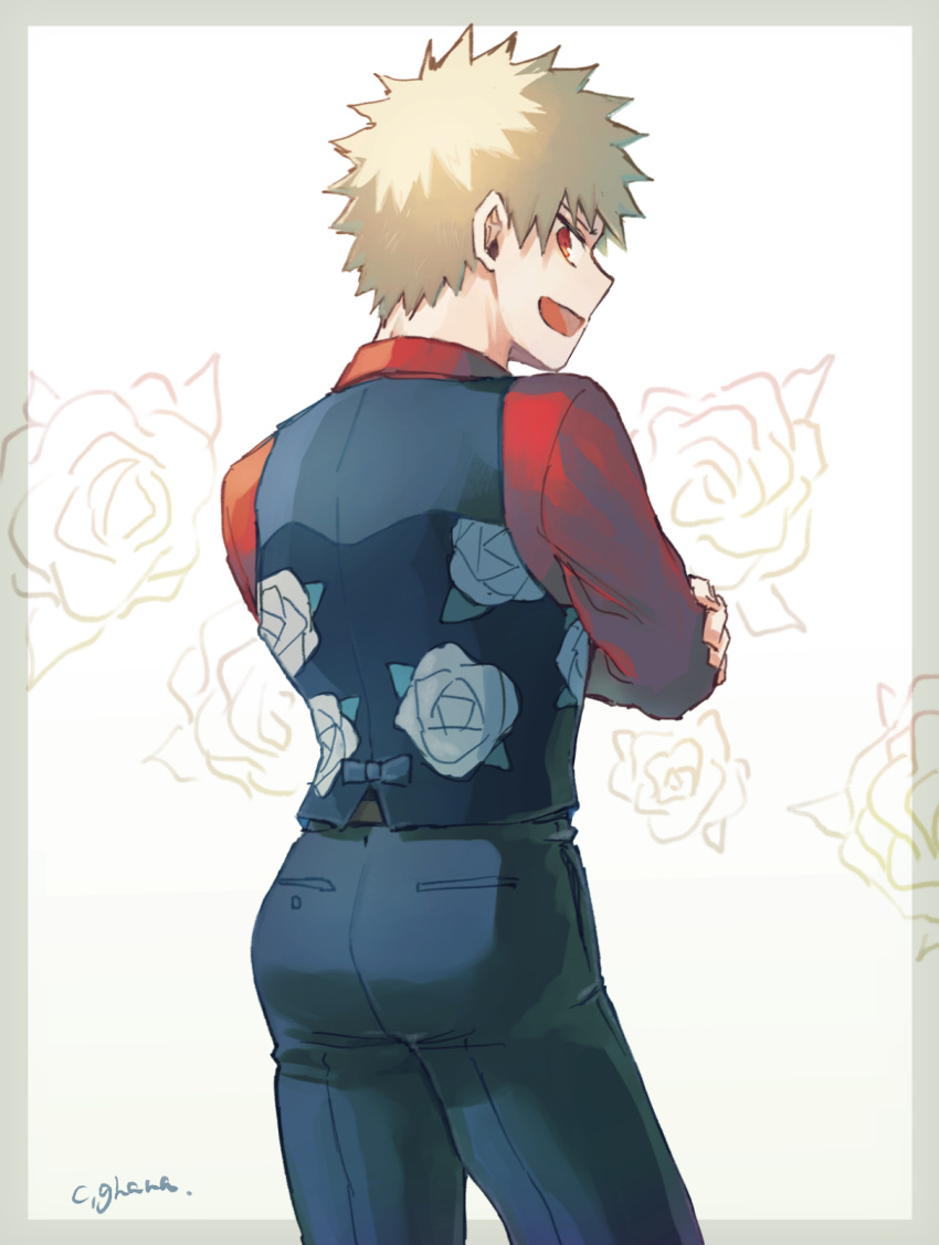 1boy adcalcium ass bakugou_katsuki black_pants black_vest blonde_hair boku_no_hero_academia commentary_request crossed_arms floral_print from_behind highres long_sleeves looking_at_viewer looking_back male_focus official_alternate_costume open_mouth pants print_vest red_eyes red_shirt rose_print shirt short_hair signature simple_background smile solo spiky_hair standing vest white_background