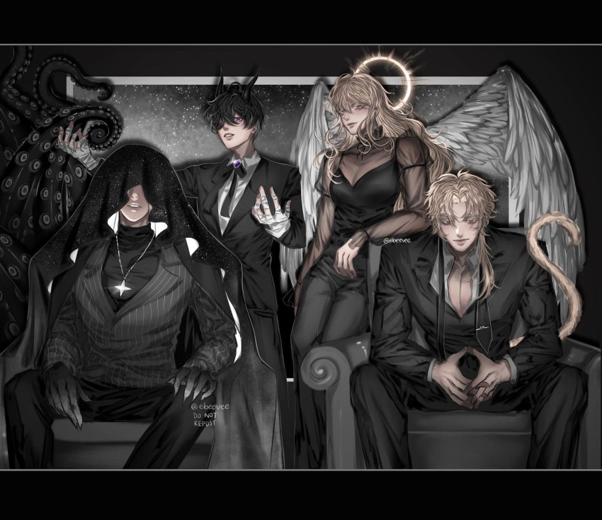 1girl 3boys angel bandaged_hand bandages black_dress black_hair blonde_hair character_request cloak couch covered_face dress evie_(baoxiao) formal grin halo highres horns jewelry korean_commentary long_hair looking_at_viewer multiple_boys necklace omniscient_reader's_viewpoint pectoral_cleavage pectorals ponytail secretive_plotter short_hair sitting smile smirk spoilers star_(symbol) star_necklace suit sun_wukong_(omniscient_reader's_viewpoint) tail tentacles unbuttoned unbuttoned_shirt uriel_(omniscient_reader's_viewpoint) violet_eyes watermark white_wings wings yellow_eyes