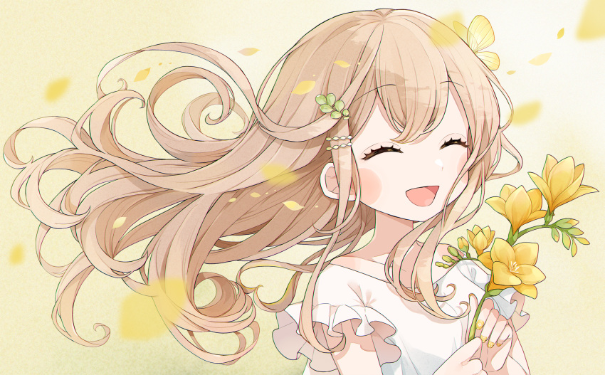 1girl :d ^_^ bangs blush_stickers brown_background brown_hair chon_(chon33v) closed_eyes collarbone facing_viewer floating_hair flower freesia_(flower) hair_between_eyes hands_up highres holding holding_flower long_hair nail_polish original petals shirt short_sleeves smile solo upper_body white_shirt yellow_nails