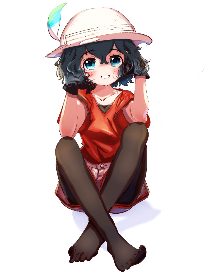 1girl absurdres almondrake black_gloves black_hair black_pantyhose blue_eyes gloves grey_shorts hand_in_own_hair helmet highres kaban_(kemono_friends) kemono_friends looking_at_viewer no_shoes pantyhose pith_helmet red_shirt shirt short_hair short_sleeves shorts sitting solo t-shirt