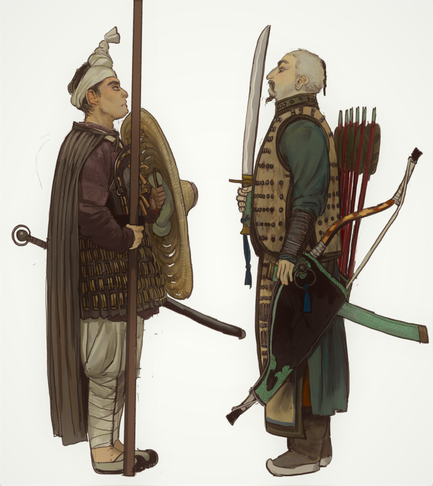 2boys arrow_(projectile) beard black_eyes black_hair bow_scabbard brown_cape cape chinese_armor closed_mouth eye_contact facial_hair grey_hair highres holding holding_sword holding_weapon long_sleeves looking_at_another looking_at_viewer mossacannibalis multiple_boys mustache original profile quiver scabbard sheath shoes simple_background sword weapon white_background