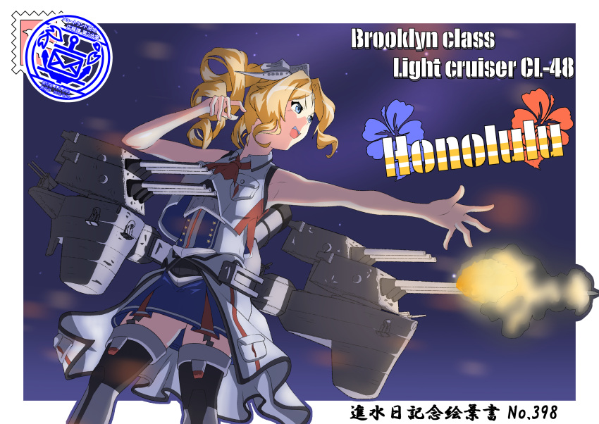 1girl absurdres ascot black_thighhighs blonde_hair blue_dress blue_eyes breasts cannon character_name crop_top dress drill_hair garter_straps highres honolulu_(kancolle) honolulu_kai_(kancolle) kantai_collection large_breasts long_hair pleated_dress red_ascot rigging sleeveless sleeveless_jacket solo thigh-highs turret twin_drills twintails yatsushiro_sakura