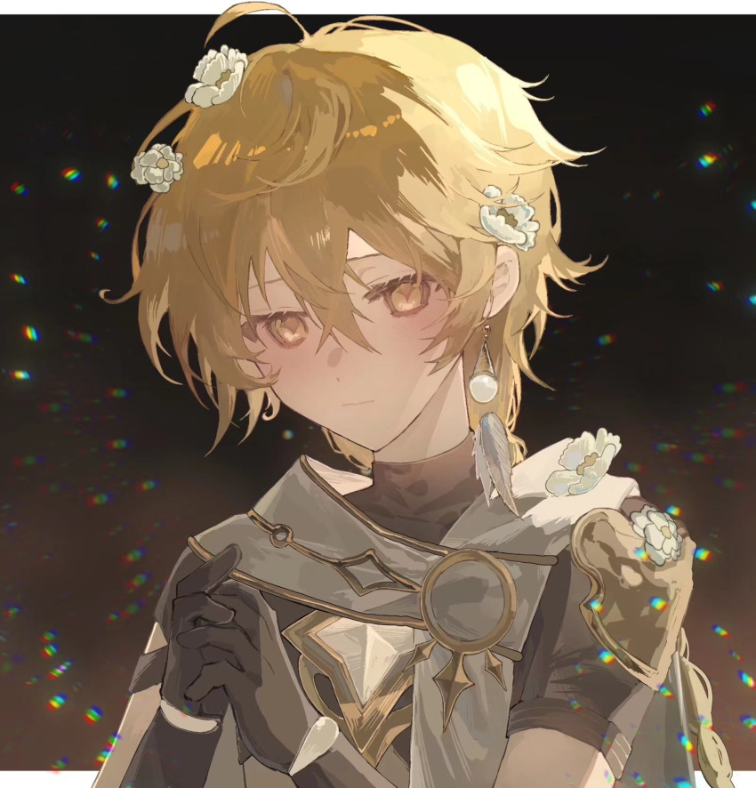 1boy aether_(genshin_impact) bangs black_gloves blonde_hair blush braid closed_mouth earrings feather_earrings feathers flower genshin_impact gloves hair_between_eyes hair_flower hair_ornament highres jewelry long_hair male_focus orange_eyes own_hands_together persimmon_(lsxh3) short_sleeves simple_background single_braid single_earring solo symbol-shaped_pupils upper_body