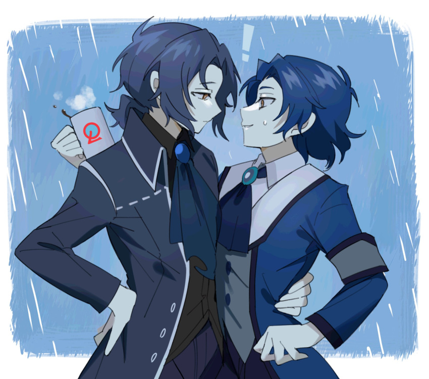 ! 2boys armband ascot black_shirt blue_ascot blue_background blue_coat blue_hair brooch chesed_(project_moon) coat coffee_mug collared_shirt cowboy_shot cup curtained_hair dual_persona expressionless eye_contact from_side hand_on_another's_hip hand_on_hip highres holding holding_cup jewelry library_of_ruina lobotomy_corporation looking_at_another low_ponytail male_focus medium_hair mu46016419 mug multiple_boys orange_eyes outside_border pants parted_lips profile project_moon purple_pants rain shirt short_ponytail smile spilling steam surprised sweatdrop white_shirt