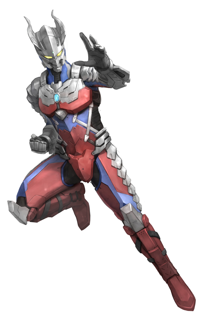 1boy absurdres clenched_hand highres horns looking_to_the_side male_focus neocity222 open_hand power_armor science_fiction solo ultra_series ultraman_(hero's_comics) ultraman_suit ultraman_zero white_background yellow_eyes