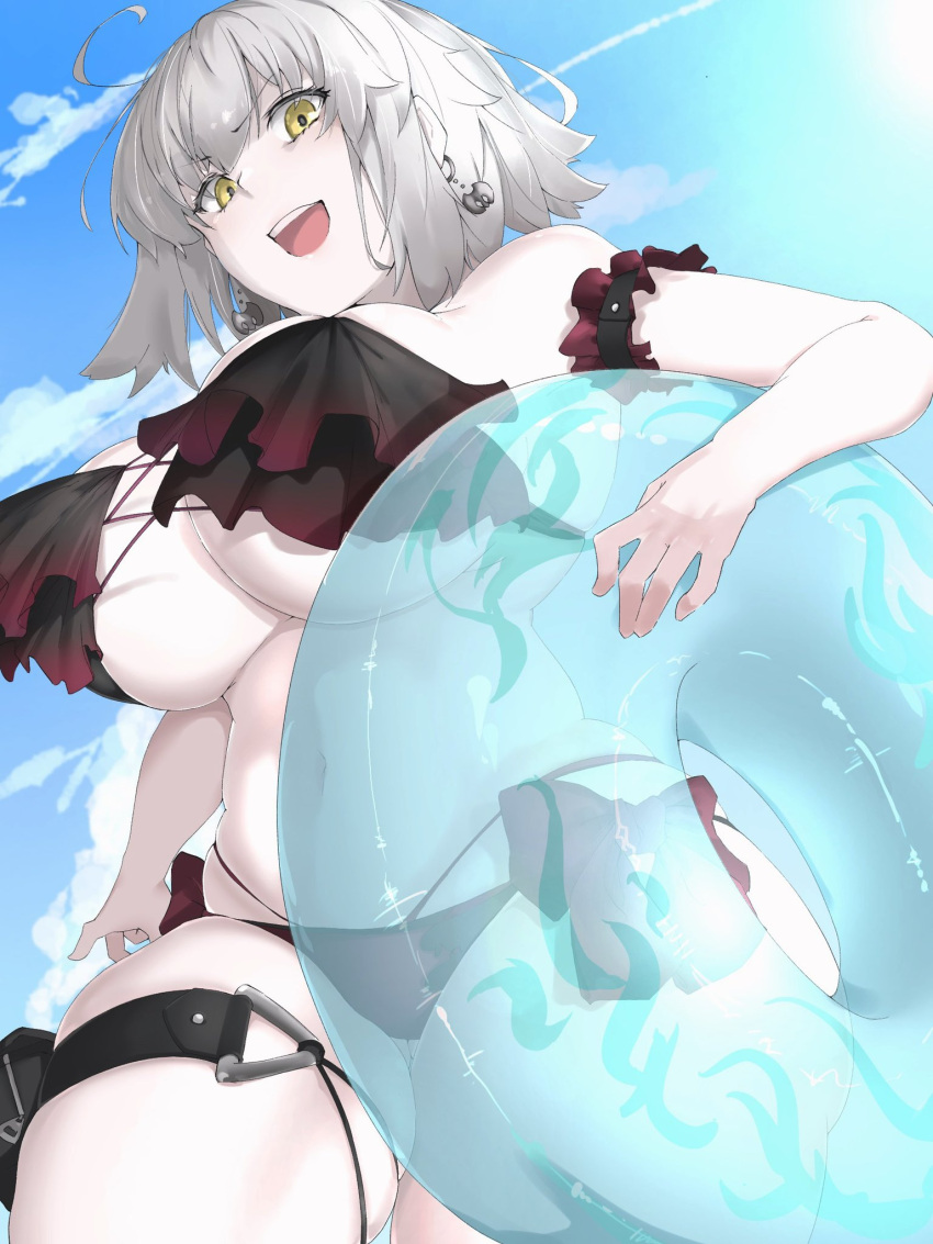 1girl :d ahoge armband bikini bow breasts clouds earrings fate/grand_order fate_(series) frills from_below highres jeanne_d'arc_alter_(fate) jeanne_d'arc_alter_(swimsuit_berserker)_(fate) jewelry looking_at_viewer looking_down navel pale_skin ri_o_ne_su skindentation sky smile solo swimsuit thigh_strap under_boob white_hair yellow_eyes