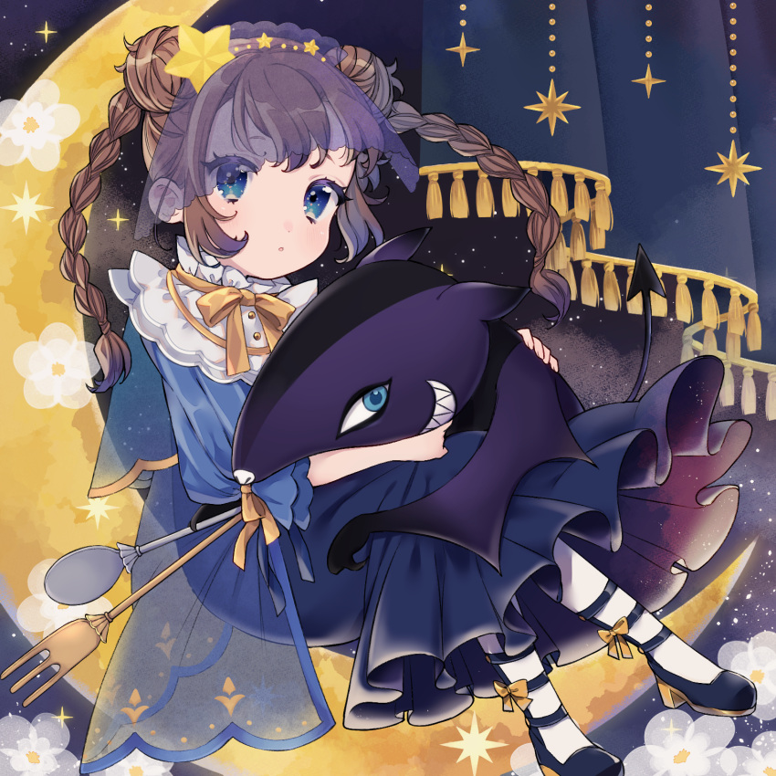 1girl 1other animal bat_(animal) blue_dress blue_eyes blue_hair blush bow bowtie braid brown_hair cape collar commentary_request crescent curtains dot_nose double_bun dress flower footwear_bow fork frilled_collar frills gradient_hair hair_bun highres holding holding_animal jikuno livly_island looking_at_viewer multicolored_hair parted_lips see-through_cape shoes short_eyebrows sidelocks sitting sitting_on_moon space sparkle spoon star_(symbol) twin_braids twintails veil white_flower yellow_bow
