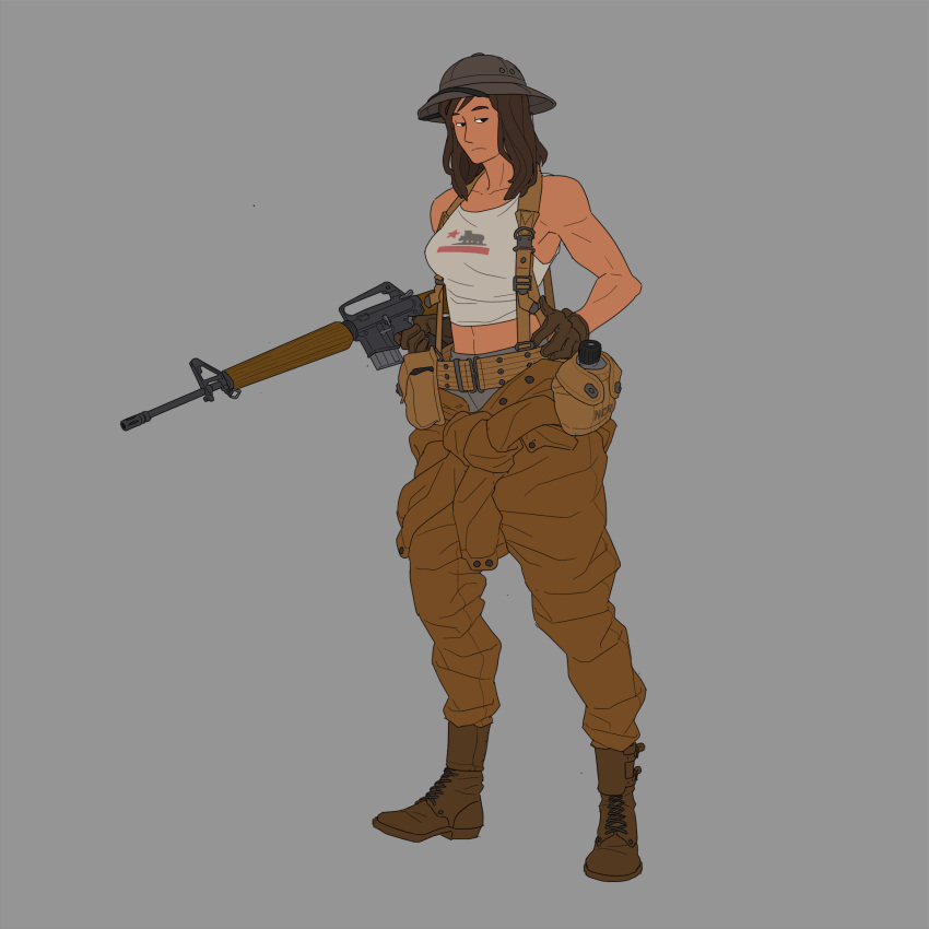 1girl ammunition_pouch assault_rifle boots breasts brown_gloves brown_hair canteen fallout_(series) fallout_new_vegas full_body gloves grey_background gun harness helmet highres jumpsuit jumpsuit_around_waist long_hair looking_to_the_side m16a1 medium_breasts military pith_helmet pouch rifle simple_background solo suspenders tank_top toned user_durv7353 weapon