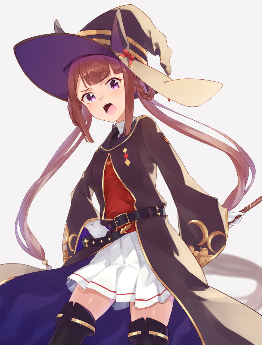 1girl absurdres animal_ears black_footwear black_robe boots brown_hair commentary gloves hair_rings hat highres holding holding_wand horse_ears horse_girl horse_tail long_hair looking_at_viewer open_mouth pleated_skirt robe simple_background skirt solo sweep_tosho_(umamusume) tail tamiku_(shisyamo609) thigh_boots twintails umamusume violet_eyes wand white_background white_gloves white_skirt witch_hat
