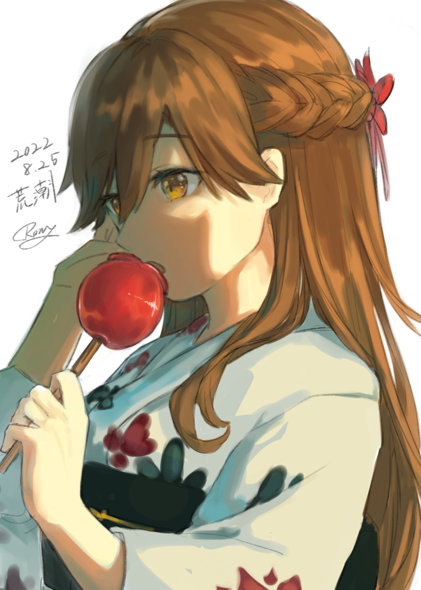 1girl absurdres arashio_(kancolle) braid brown_eyes brown_hair candy_apple character_name dated food hair_between_eyes highres holding holding_food japanese_clothes kantai_collection kimono long_hair long_sleeves obi one-hour_drawing_challenge open_mouth print_kimono rom_(rommmoon) sash signature simple_background solo white_background white_kimono wide_sleeves