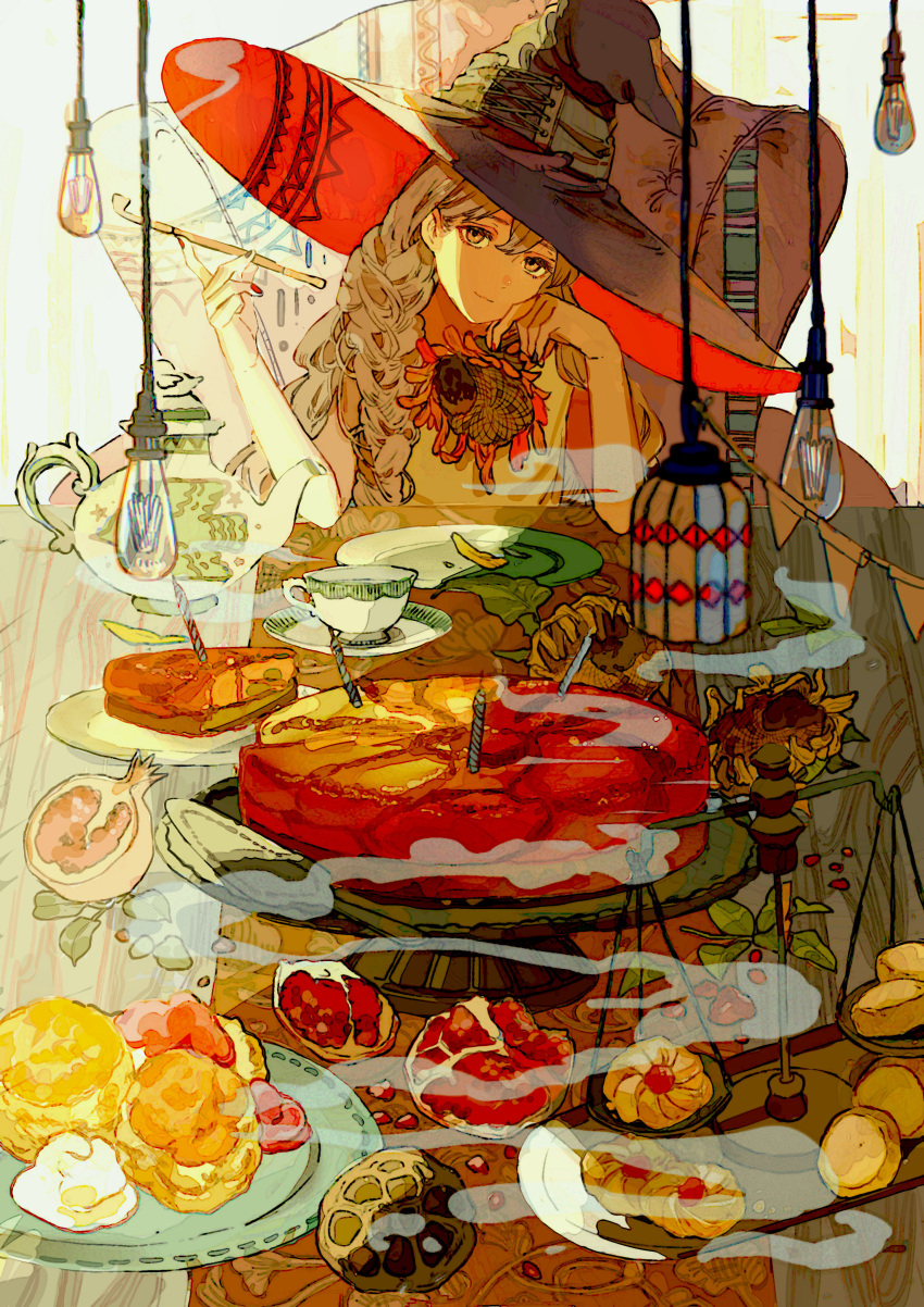 1girl absurdres balance_scale bangs banner biscuit_(bread) black_nails braid brown_eyes brown_hair cake candle chair commentary_request cookie cup elbows_on_table empty_plate feast flower food food_request fruit hair_between_eyes hand_on_own_face hanging_light hat head_tilt highres holding holding_flower holding_smoking_pipe light_bulb long_hair looking_at_viewer nail_polish original plate pomegranate qooo003 red_nails shirt sitting smile smoke smoking_pipe solo sunflower sunlight table tablecloth teacup teapot weighing_scale wilted_flower witch_hat wooden_table yellow_shirt
