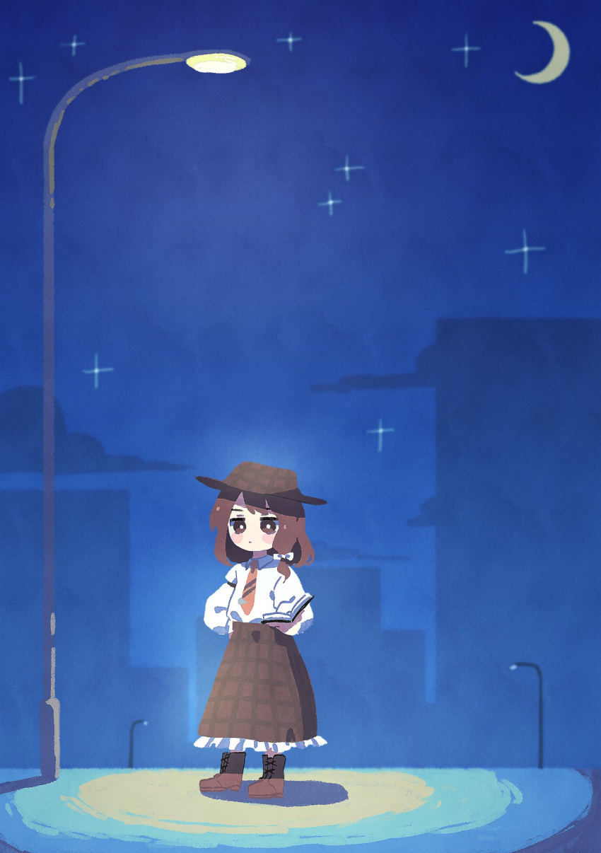 1girl blush book bow brown_eyes brown_hair brown_skirt building clouds crescent_moon hat highres holding holding_book lamppost long_sleeves moon nama_udon necktie night night_sky open_book outdoors plaid plaid_capelet plaid_skirt red_necktie road shirt shoes short_hair skirt sky solo star_(sky) tie_clip touhou usami_renko white_bow white_shirt