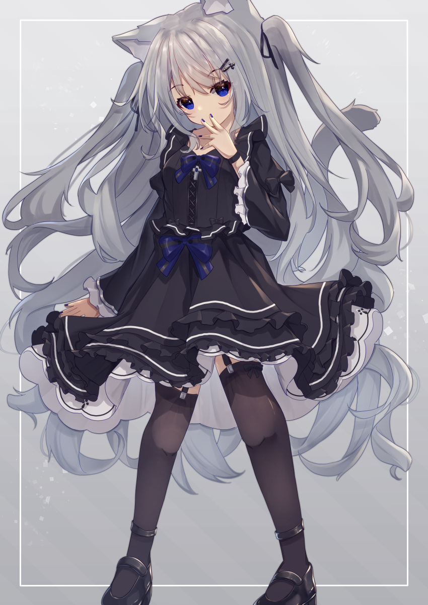 1girl absurdres animal_ear_fluff animal_ears bangs black_dress black_footwear black_nails black_ribbon black_thighhighs blue_bow blue_eyes blush bow cat_ears cat_girl cat_tail covered_mouth dress frilled_sleeves frills full_body gothic_lolita grey_background grey_hair hair_ornament hair_ribbon hairclip head_tilt highres hinata_(user_rjkt4745) layered_sleeves lolita_fashion long_hair long_sleeves looking_at_viewer nail_polish original puffy_short_sleeves puffy_sleeves ribbon shoes short_over_long_sleeves short_sleeves solo standing striped striped_bow tail thigh-highs two-tone_background two_side_up very_long_hair white_background wide_sleeves