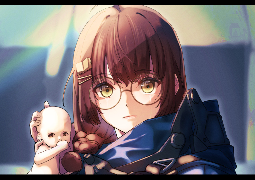 1girl 1other baby blurry blurry_background book_hair_ornament braid brown_eyes brown_hair crying crying_with_eyes_open death_stranding glasses hair_ornament hair_over_shoulder hairclip highres holding_baby jacket looking_at_viewer portrait round_eyewear tears u_kyoumaru upper_body virtual_youtuber yomiyama_fumino
