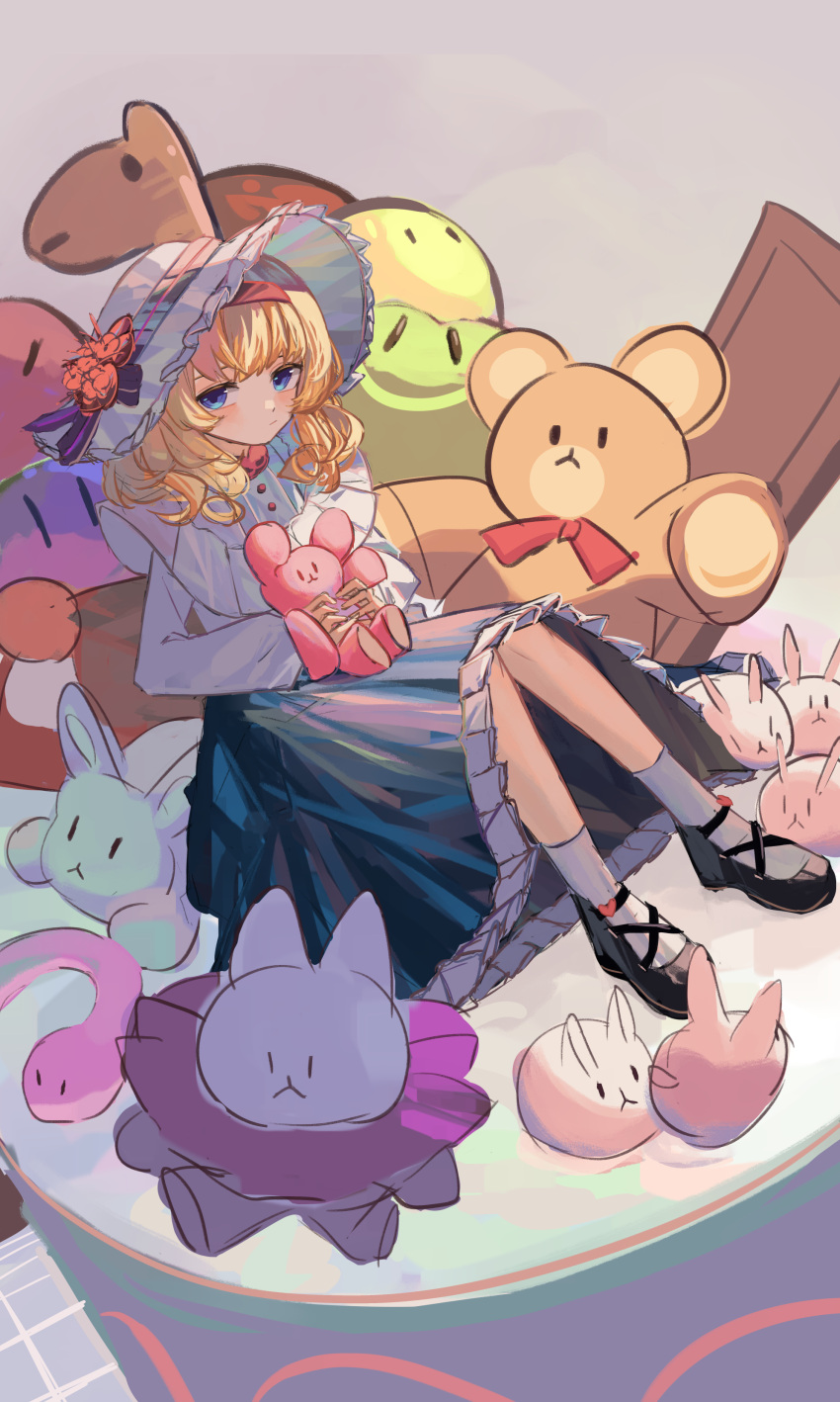 1girl absurdres alice_margatroid animal_ears bangs bear_ears black_footwear black_skirt blonde_hair blue_eyes blush bow bowtie buttons cat_ears cat_tail closed_mouth clynxen floor flower frills grey_background grey_headwear grey_shirt grey_socks hairband hands_up hat hat_bow hat_flower hat_ornament heart highres long_sleeves looking_at_viewer puffy_long_sleeves puffy_sleeves purple_bow rabbit_ears red_bow red_bowtie red_flower red_hairband shirt shoes short_hair simple_background skirt snake socks solo stuffed_animal stuffed_toy tail touhou toy