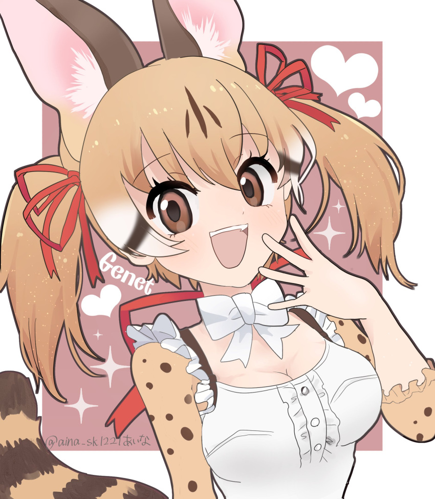 1girl aina_sk1221 blush bow bowtie brown_eyes center_frills commentary_request frilled_sleeves frilled_straps frills genet_ears genet_girl genet_print genet_tail hair_bow highres kemono_friends kemono_friends_v_project large-spotted_genet_(kemono_friends) looking_at_viewer print_sleeves red_bow shirt short_twintails solo twintails upper_body white_bow white_bowtie white_shirt