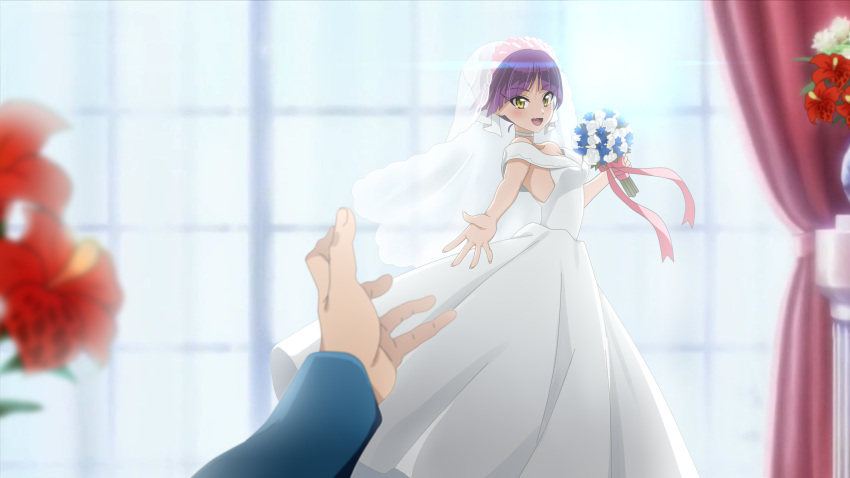 1girl :d absurdres bare_arms blue_flower blurry blurry_foreground bouquet bridal_veil dress flower gegege_no_kitarou hibiscus highres holding holding_bouquet long_dress long_sleeves looking_at_viewer nekomusume nekomusume_(gegege_no_kitarou_6) open_mouth pov purple_hair red_flower shiny shiny_hair short_hair silanduqiaocui sleeveless sleeveless_dress smile solo_focus veil wedding_dress white_dress white_flower yellow_eyes