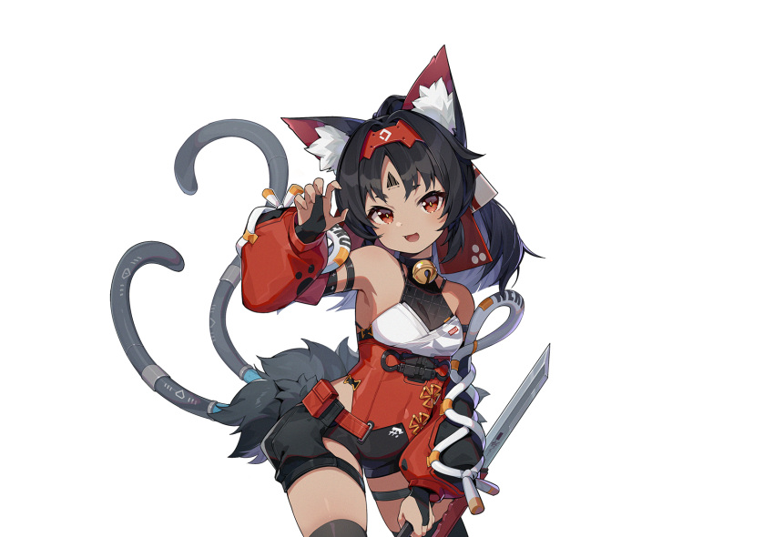 1girl animal_ears bell black_hair cat_ears cat_girl cat_tail dark-skinned_female dark_skin detached_sleeves facial_mark forehead_mark highres hip_vent looking_at_viewer multiple_tails neck_bell nekomata nekomiya_mana official_art red_eyes shirt short_hair shorts sleeveless sleeveless_shirt solo tail thigh-highs transparent_background two_tails zenless_zone_zero
