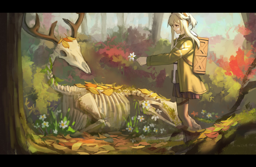 1girl absurdres animal_skeleton arknights autumn_leaves backpack bag black_skirt day deer_antlers firewatch_(arknights) flower forest green_jacket green_pantyhose grey_hair highres holding holding_flower jacket letterboxed long_hair long_sleeves nature open_clothes open_jacket outdoors pantyhose pleated_skirt shirt skirt solo standing tree white_flower white_shirt yml_(shu_226717)