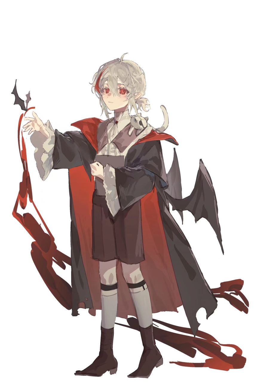 1boy absurdres alternate_costume animal_on_shoulder bangs black_cape black_shorts black_wings cape cat cat_on_shoulder closed_mouth frilled_sleeves frills genshin_impact highres holding kaedehara_kazuha kneehighs long_sleeves looking_at_viewer multicolored_hair persimmon_(lsxh3) pointy_ears ponytail red_cape red_eyes redhead short_ponytail shorts simple_background socks standing streaked_hair vampire white_background white_cat white_socks wide_sleeves wings