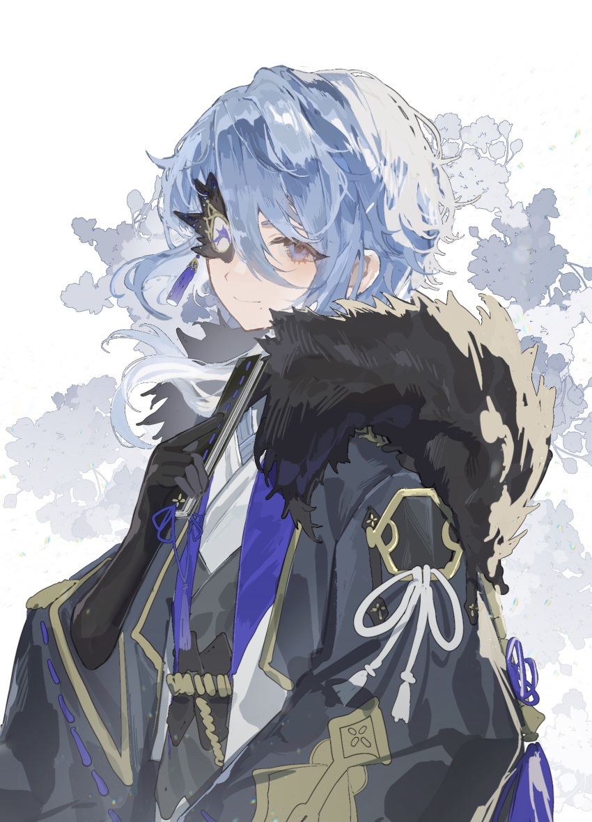 1boy alternate_costume bangs black_mask blue_eyes blue_hair blush folded_fan folding_fan fur_trim genshin_impact hand_fan highres holding holding_fan japanese_clothes kamisato_ayato looking_at_viewer male_focus mask mask_over_one_eye mole mole_under_mouth persimmon_(lsxh3) ribbon-trimmed_sleeves ribbon_trim simple_background solo upper_body wide_sleeves