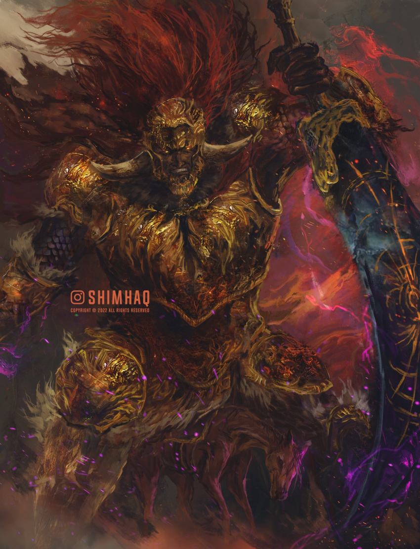 1boy armor breastplate clenched_teeth dark-skinned_male dark_skin elden_ring fake_horns gold_armor helmet highres holding holding_sword holding_weapon horned_helmet horns horse long_hair looking_at_viewer male_focus redhead shimhaq solo starscourge_radahn sword teeth weapon yellow_eyes