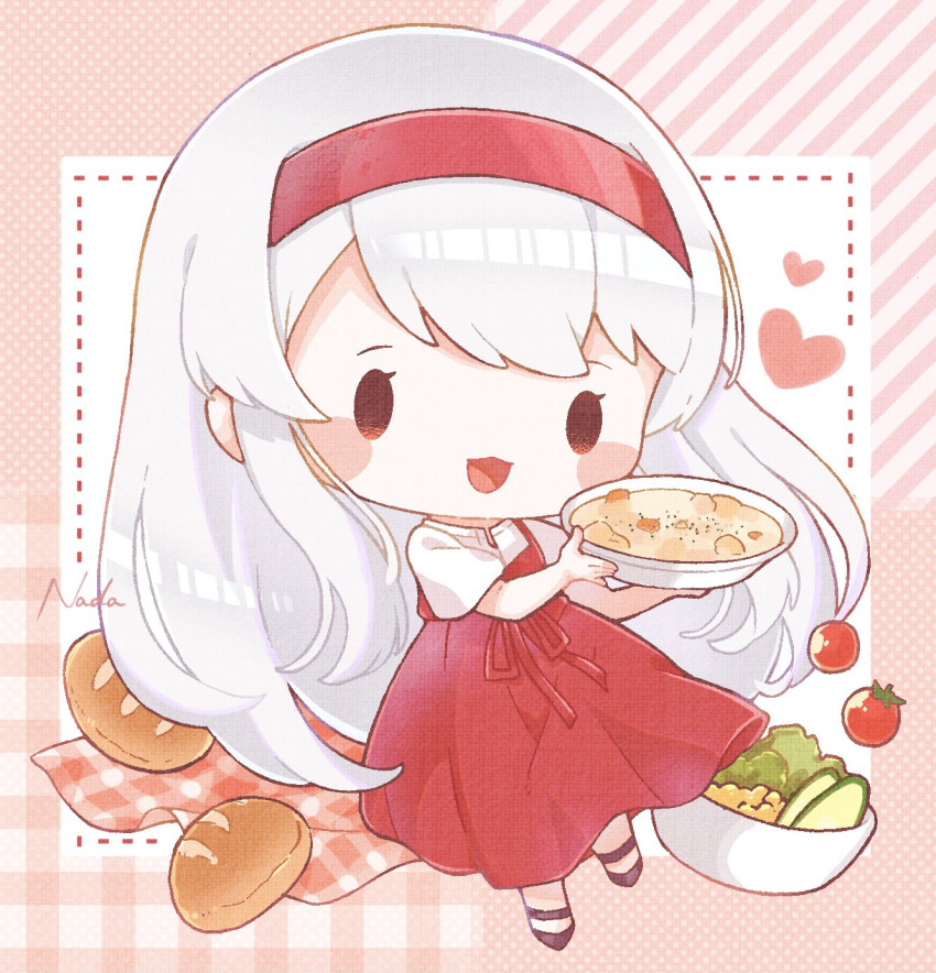 1girl bangs black_footwear bowl bread chibi commentary_request dress food hairband heart highres holding kantai_collection long_hair nada_namie official_art open_mouth red_dress red_hairband shirt shoukaku_(kancolle) signature simple_background solo tomato vegetable very_long_hair white_hair white_shirt