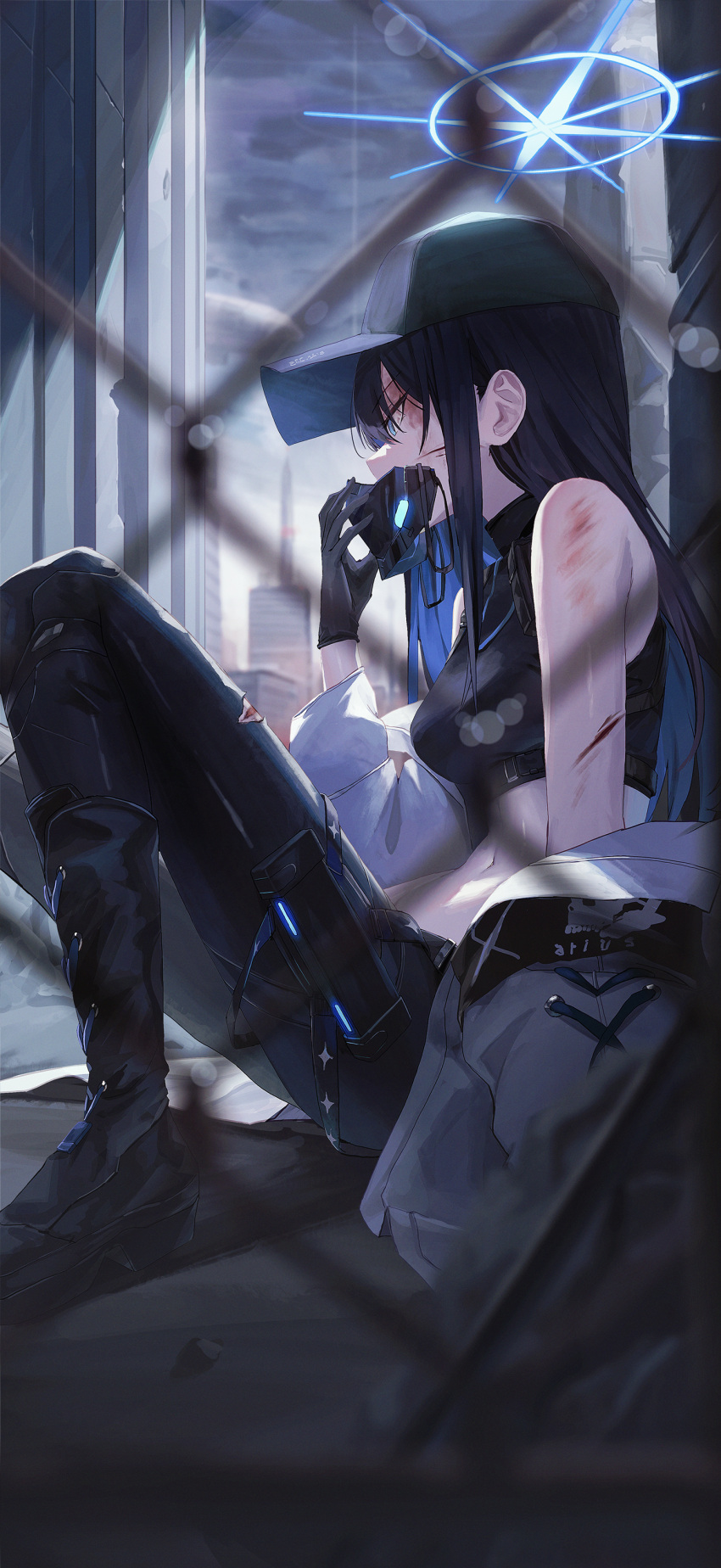 absurdres baseball_cap black_gloves black_hair black_headwear black_mask black_pants black_shirt blue_archive blue_eyes boots breasts chest_harness crop_top cross-laced_footwear fence gloves gnns halo harness hat highres jacket lace-up_boots long_hair mask medium_breasts midriff mouth_mask pants saori_(blue_archive) shirt sleeveless sleeveless_shirt torn_clothes underbust white_jacket