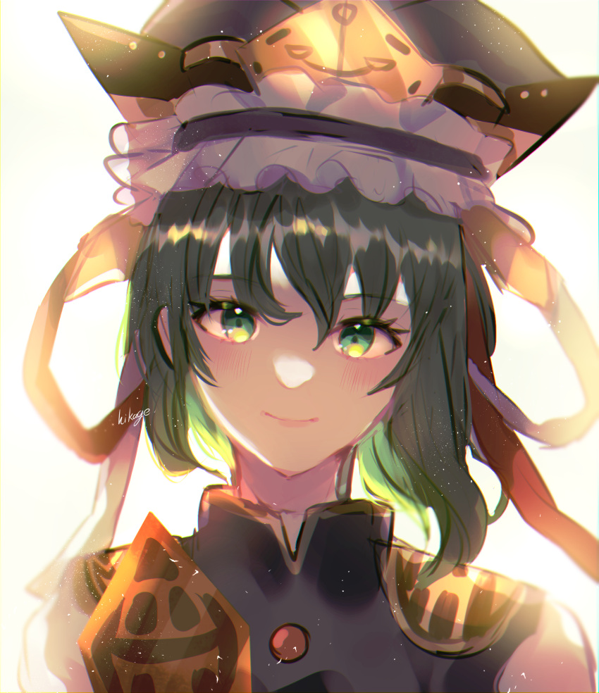 1girl balance_scale bangs closed_mouth epaulettes frilled_hat frills green_eyes green_hair hat highres hikage_(0hi_kageo) looking_at_viewer one-hour_drawing_challenge rod_of_remorse shiki_eiki short_hair simple_background smile solo touhou upper_body weighing_scale white_background