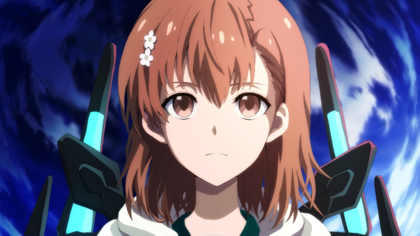 1girl bangs blue_background brown_eyes brown_hair closed_mouth commentary english_commentary flower hair_flower hair_ornament highres looking_at_viewer misaka_mikoto serious short_hair solo split_mouth straight-on toaru_majutsu_no_index upper_body user_erpr3844