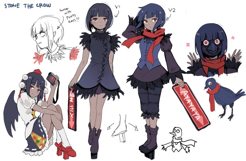 1girl ayaya~ bird bird_wings black_footwear black_hair black_ribbon black_skirt black_wings camera character_request collared_shirt copyright_request cosplay crow english_commentary feathered_wings frilled_skirt frills geta highres himuhino holding holding_camera kneehighs leaf-pattern_stripe multiple_views pointy_ears pom_pom_(clothes) puffy_short_sleeves puffy_sleeves red_eyes red_footwear red_scarf ribbon scarf shameimaru_aya_(cosplay) shirt short_sleeves simple_background skirt socks tassel tengu-geta touhou white_background white_shirt white_socks wings