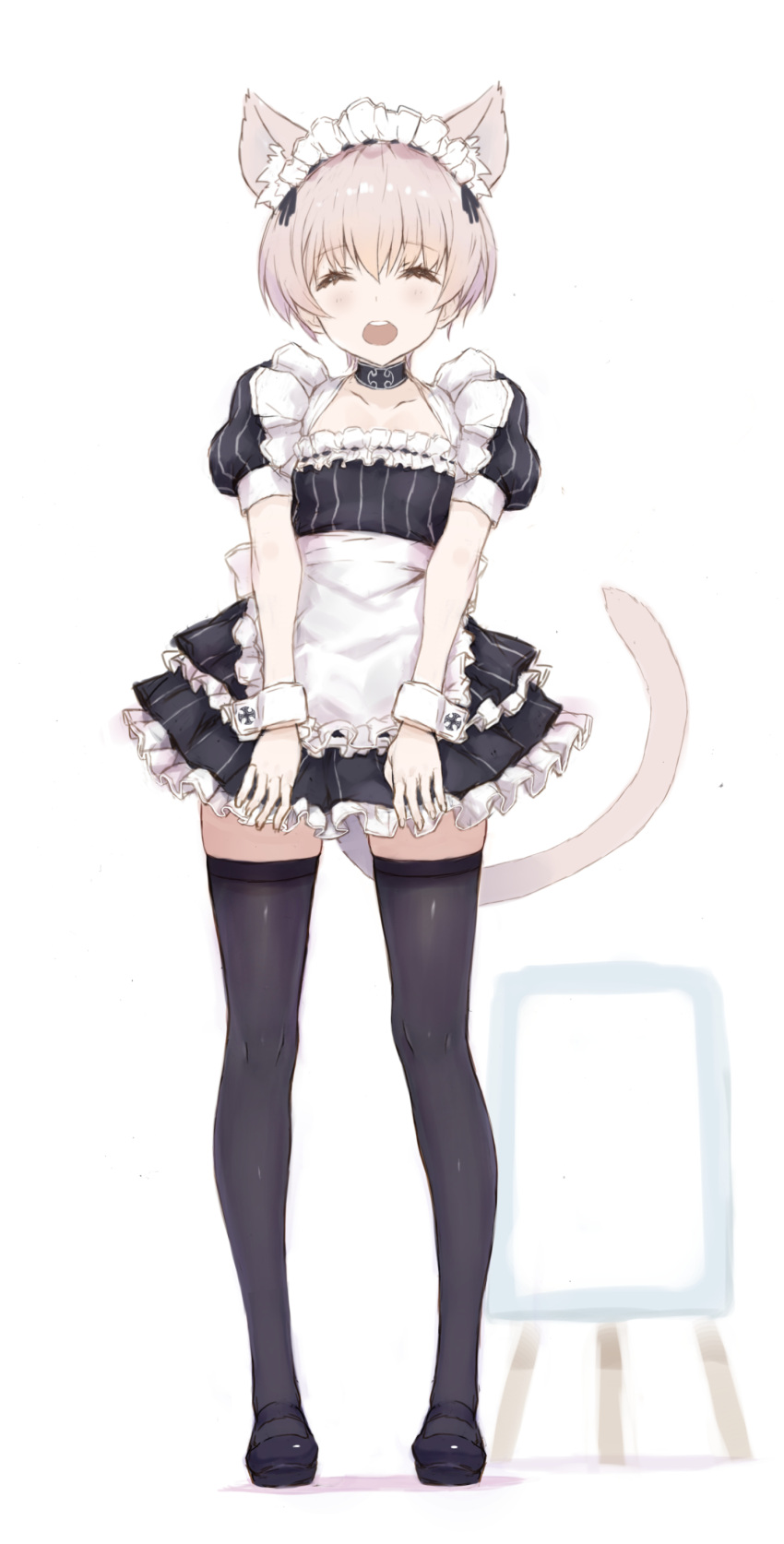 1girl absurdres alternate_costume animal_ears apron black_dress black_thighhighs blue_eyes cat_ears cat_tail dress enmaided full_body highres kantai_collection looking_at_viewer maid maid_headdress ryo_(tg290) short_hair simple_background solo tail thigh-highs waist_apron white_apron white_background yellow_eyes z1_leberecht_maass_(kancolle)