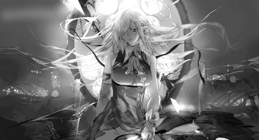 1girl a9712mob arknights ascot bangs bare_shoulders earrings floating_hair gladiia_(arknights) gloves greyscale hair_over_one_eye hat hat_removed headwear_removed highres jewelry lens_flare long_hair looking_at_viewer monochrome one_eye_covered pointy_ears solo upper_body very_long_hair