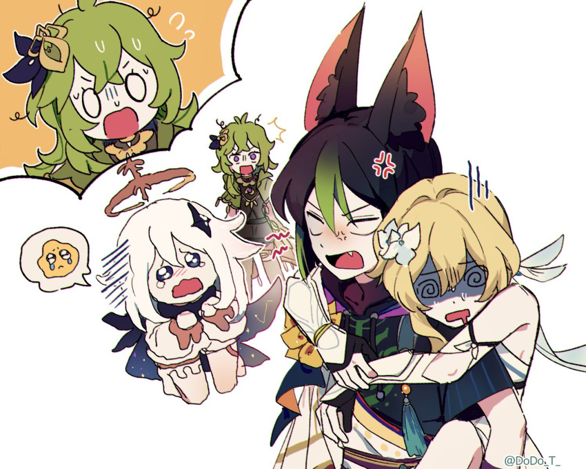 1boy 3girls @_@ anger_vein animal_ears bangs black_gloves black_hair blonde_hair carrying collei_(genshin_impact) detached_sleeves dodo_t dress drooling emoji fainted fang flower flying_sweatdrops fox_boy fox_ears genshin_impact gloves green_hair hair_between_eyes hair_flower hair_ornament halo highres korean_commentary lumine_(genshin_impact) messy_hair mouth_drool multicolored_hair multiple_girls multiple_views o_o open_mouth paimon_(genshin_impact) partially_fingerless_gloves piggyback shaded_face simple_background streaked_hair sweat tassel tears tighnari_(genshin_impact) twitter_username unconscious violet_eyes white_background white_dress white_flower yellow_flower