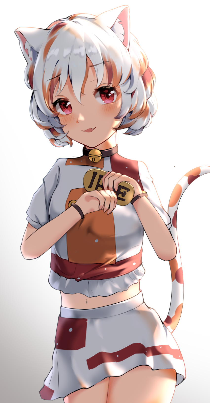 1girl 906834233 absurdres animal_ears bangs bell cat_ears cat_girl cat_tail coin commentary_request cowboy_shot crop_top gold goutokuji_mike highres jingle_bell koban_(gold) multicolored_clothes multicolored_hair multicolored_shirt multicolored_skirt navel neck_bell open_mouth orange_eyes patchwork_clothes paw_pose puffy_short_sleeves puffy_sleeves red_eyes shirt short_hair short_sleeves skirt solo streaked_hair tail touhou white_hair white_shirt white_skirt