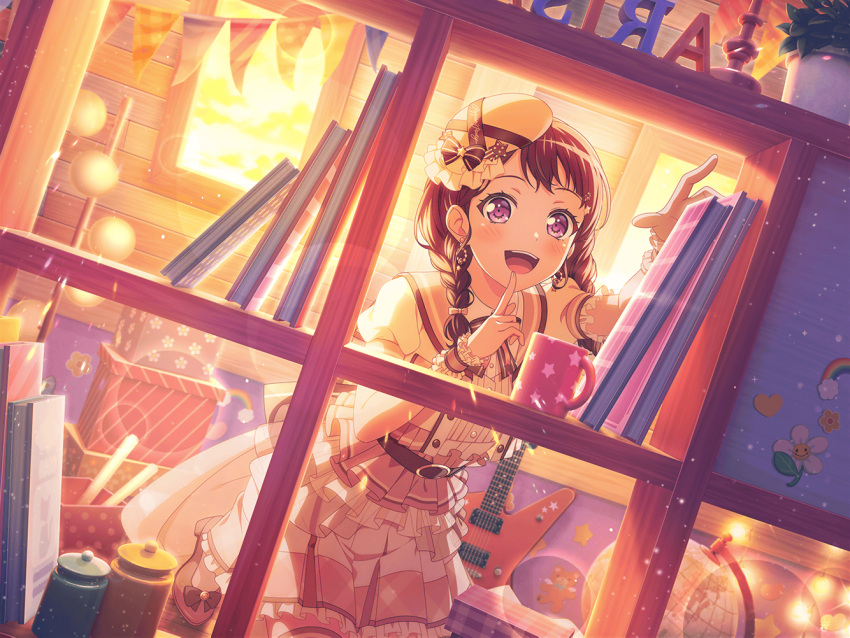 1girl alternate_hairstyle bang_dream! blush bookshelf box brown_hair cup decorations dress guitar looking_at_viewer official_art open_mouth short_hair smile solo sunset toyama_kasumi violet_eyes