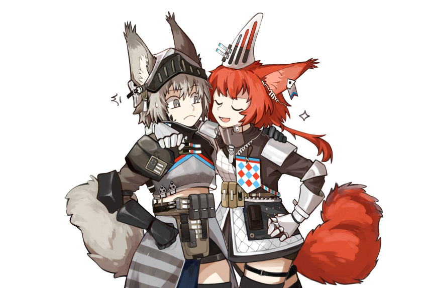 2girls :d animal_ears arknights arm_around_shoulder armor ashlock_(arknights) black_thighhighs closed_eyes cowboy_shot crop_top ear_covers ear_tag earpiece flametail_(arknights) frown gauntlets grey_eyes grey_hair hand_on_hip highres long_hair mechanical_owl multiple_girls open_mouth redhead short_hair simple_background smile solo sparkle squirrel_ears squirrel_girl squirrel_tail tail thigh-highs thigh_strap u_u white_background