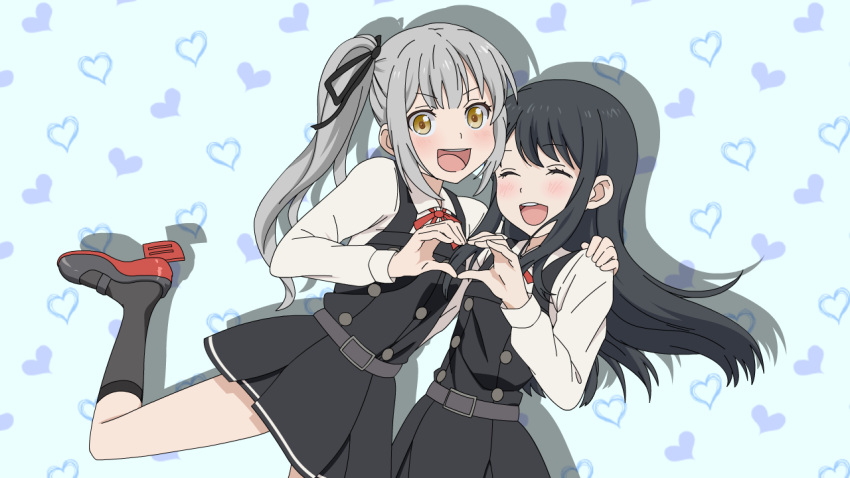 2girls asashio_(kancolle) asashio_kai_ni_(kancolle) black_dress black_hair black_ribbon black_socks brown_eyes closed_eyes dress grey_hair hair_ribbon heart heart_hands heart_hands_duo kantai_collection kasumi_(kancolle) kasumi_kai_ni_(kancolle) long_hair long_sleeves multiple_girls neck_ribbon open_mouth pinafore_dress red_ribbon ribbon rudder_footwear shirt shoes side_ponytail sleeveless sleeveless_dress socks sugapi white_shirt