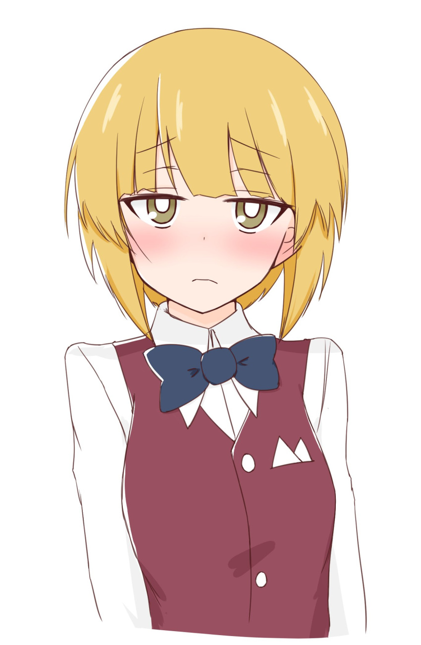 1girl ame_(amechan17391739) bad_id bad_twitter_id bangs bartender black_bow black_bowtie blonde_hair blunt_bangs blush bob_cut bow bowtie bright_pupils brown_vest closed_mouth commentary cropped_torso cutlass_(girls_und_panzer) dress_shirt frown girls_und_panzer half-closed_eyes handkerchief highres inactive_account long_sleeves looking_at_viewer no_headwear shirt short_hair simple_background solo upper_body vest white_background white_pupils white_shirt wing_collar yellow_eyes